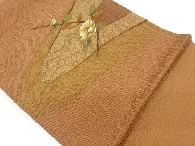 JAPANESE NAGOYA OBI / TSUMUGI / WOVEN WAVY STRIPE & CAMELLIA